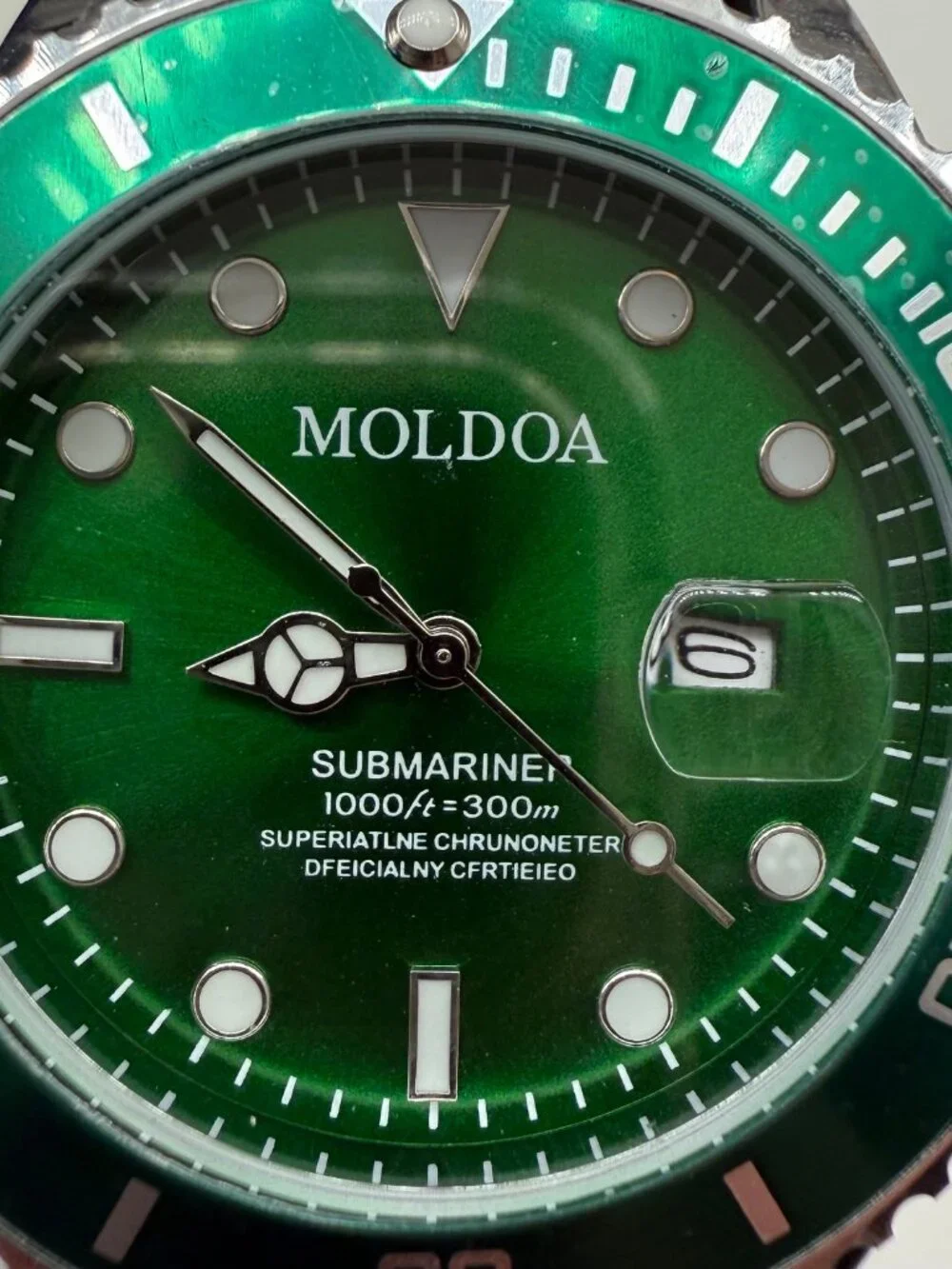MOLDOA DIVER MENS GREEN 43MM AUTOMATIC DATE STEEL RUBBER BAND WATCH NIB